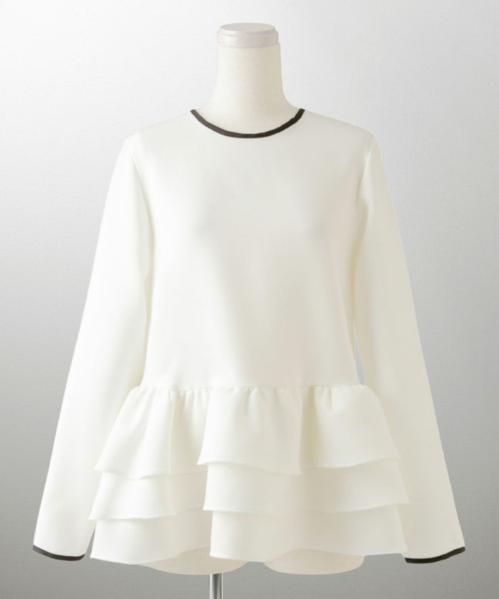フリルヘム バイカラー ブラウス 襟 長袖 トップス フリル ホワイト ブラック M