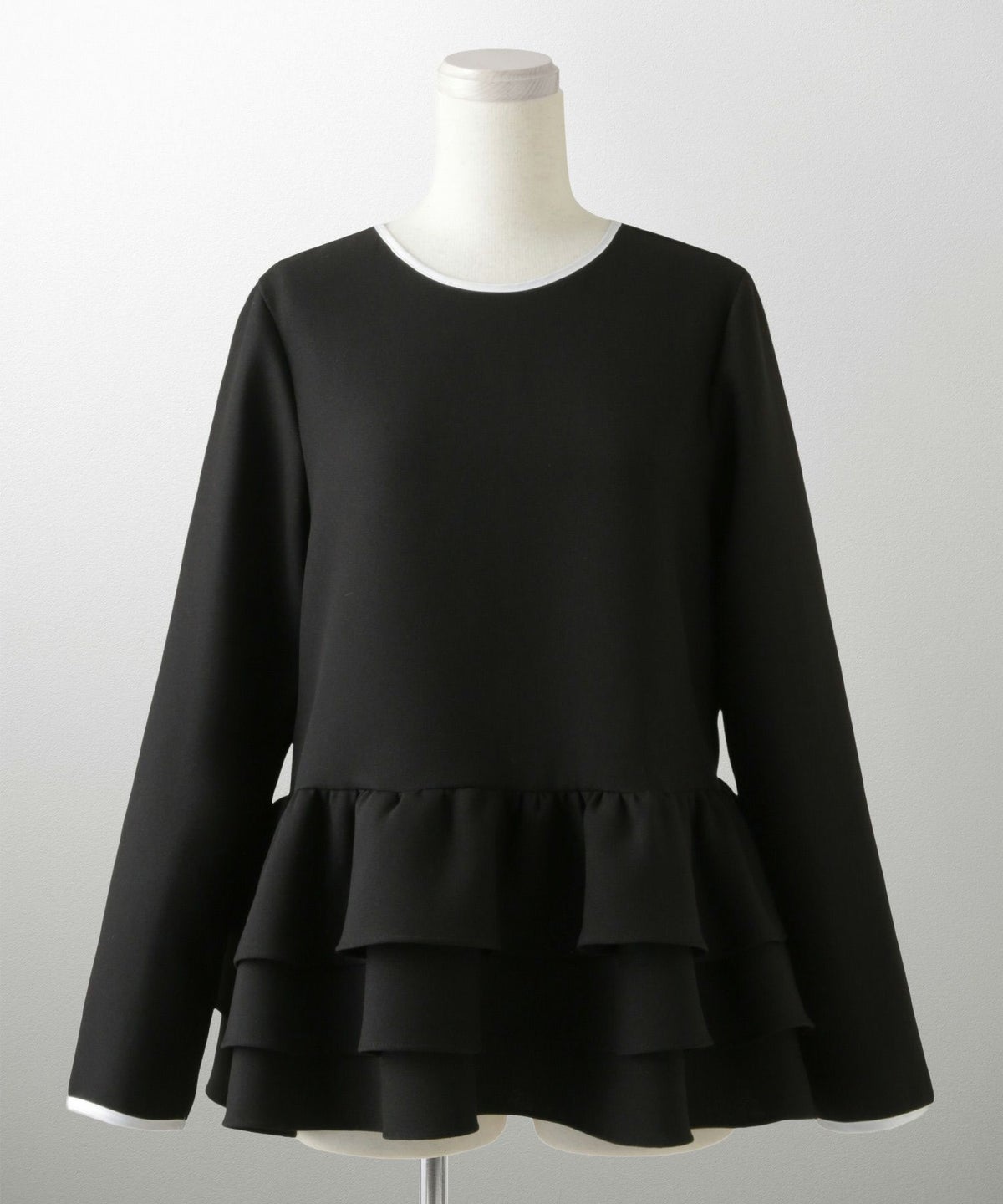 フリルヘム バイカラー ブラウス 襟 長袖 トップス フリル ホワイト ブラック M