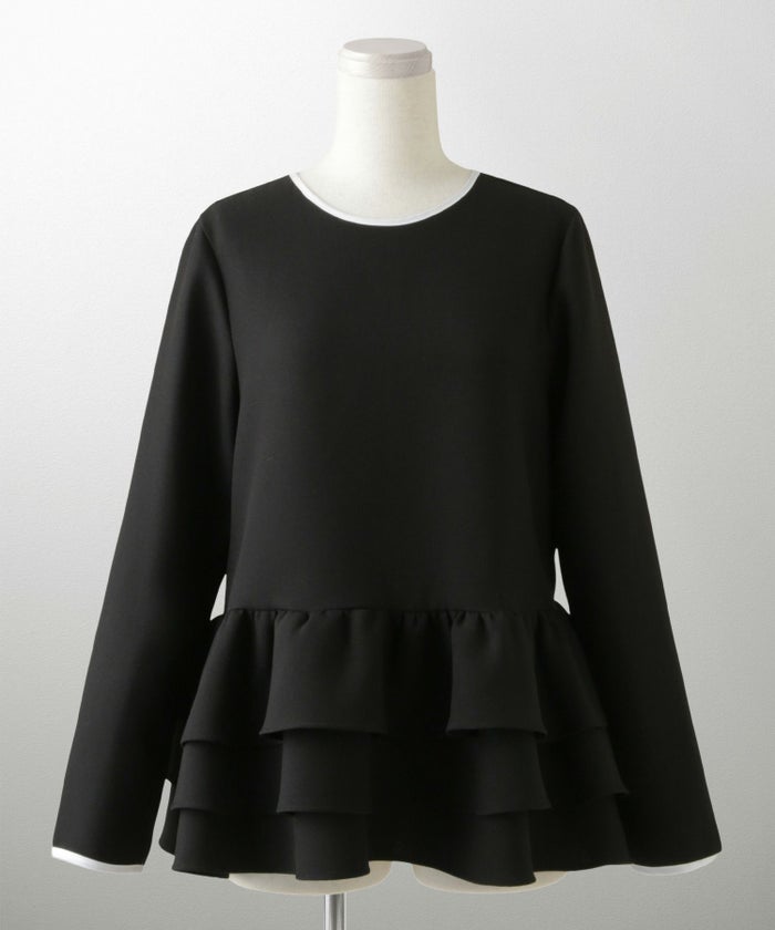 フリルヘム バイカラー ブラウス 襟 長袖 トップス フリル ホワイト ブラック M