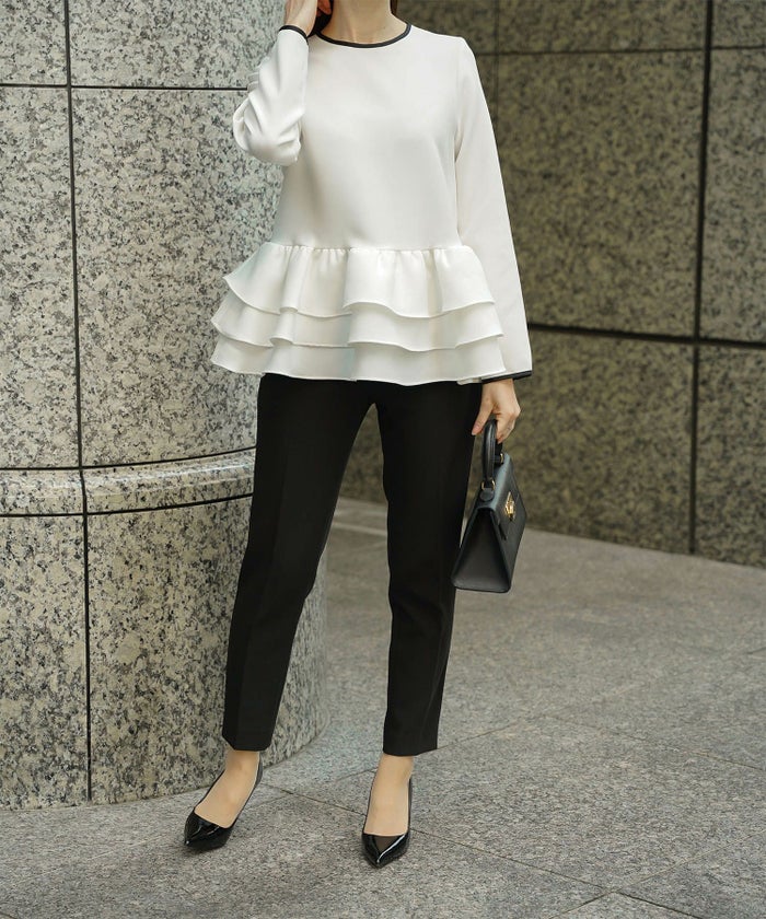 フリルヘム バイカラー ブラウス 襟 長袖 トップス フリル ホワイト ブラック M