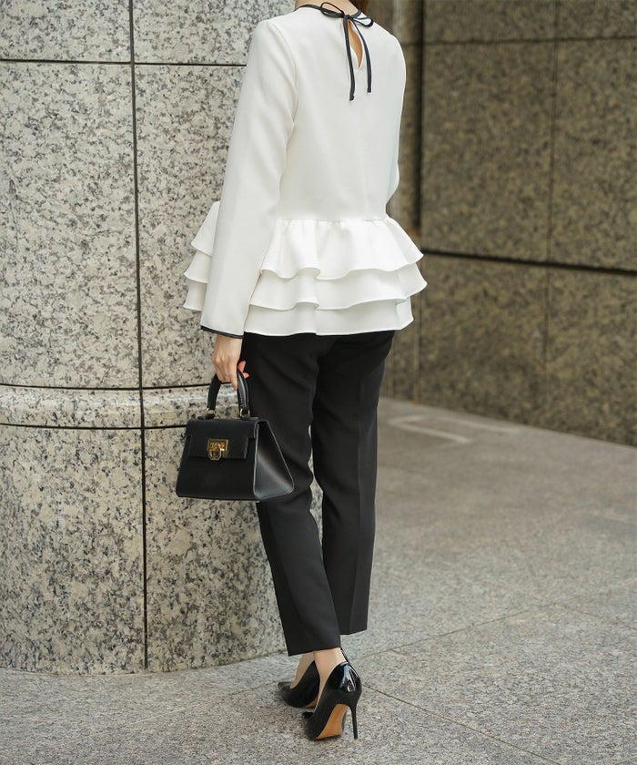 フリルヘム バイカラー ブラウス 襟 長袖 トップス フリル ホワイト ブラック M