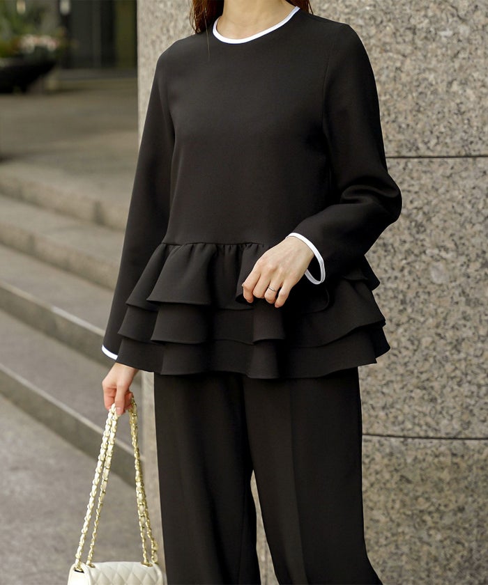 フリルヘム バイカラー ブラウス 襟 長袖 トップス フリル ホワイト ブラック M