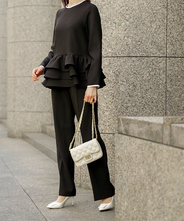 フリルヘム バイカラー ブラウス 襟 長袖 トップス フリル ホワイト ブラック M