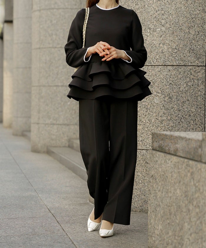 フリルヘム バイカラー ブラウス 襟 長袖 トップス フリル ホワイト ブラック M