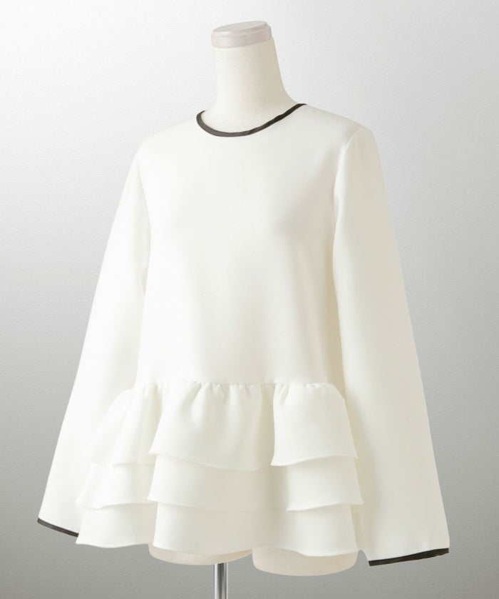 フリルヘム バイカラー ブラウス 襟 長袖 トップス フリル ホワイト ブラック M