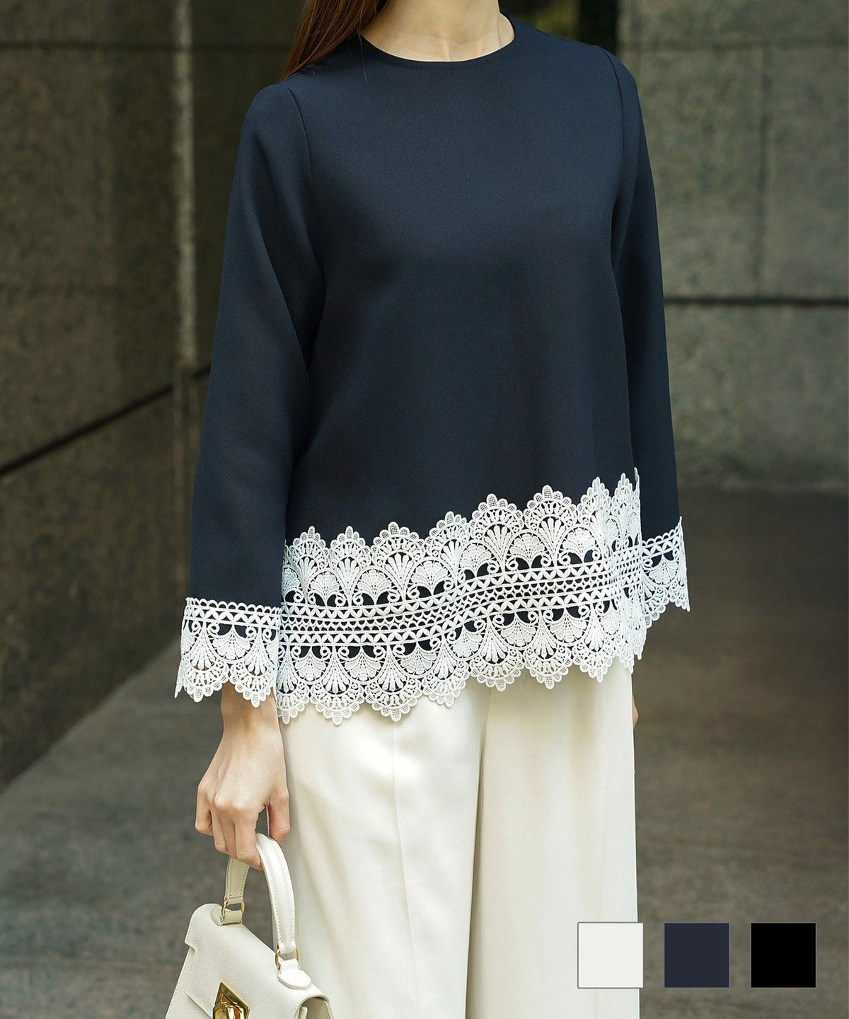 レースコンビ トップス トップス レディース ブラウス オフィス きれいめ かわいい 大人 ホワイト ネイビー ブラック M レースコンビ トップス HUIT