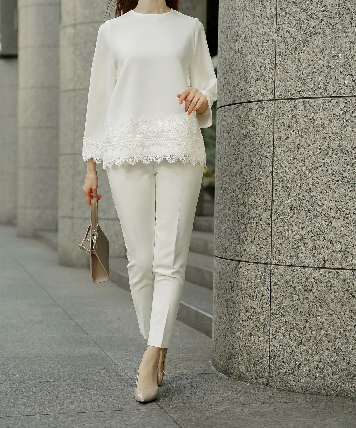 レースコンビ トップス トップス レディース ブラウス オフィス きれいめ かわいい 大人 ホワイト ネイビー ブラック M