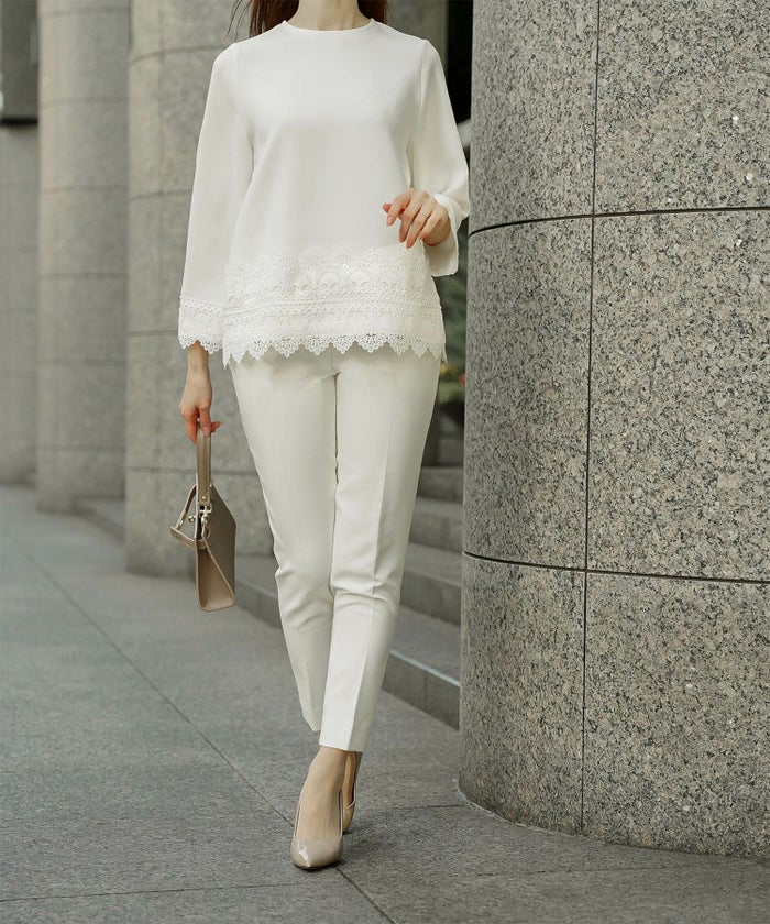 レースコンビ トップス トップス レディース ブラウス オフィス きれいめ かわいい 大人 ホワイト ネイビー ブラック M