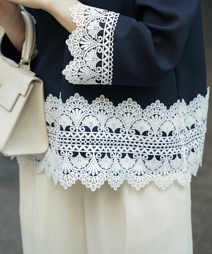 レースコンビ トップス トップス レディース ブラウス オフィス きれいめ かわいい 大人 ホワイト ネイビー ブラック M