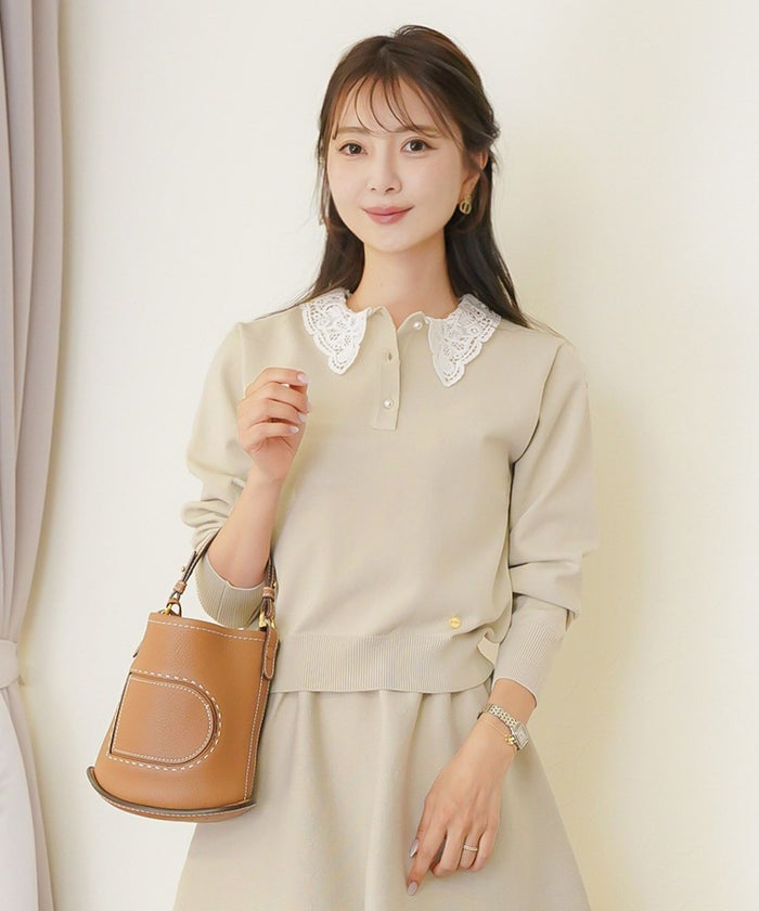 トップス ニット 伸縮 セットアップ 長袖 春 秋 冬 レース 襟 パール アイボリー ラベンダー ネイビー ブラック