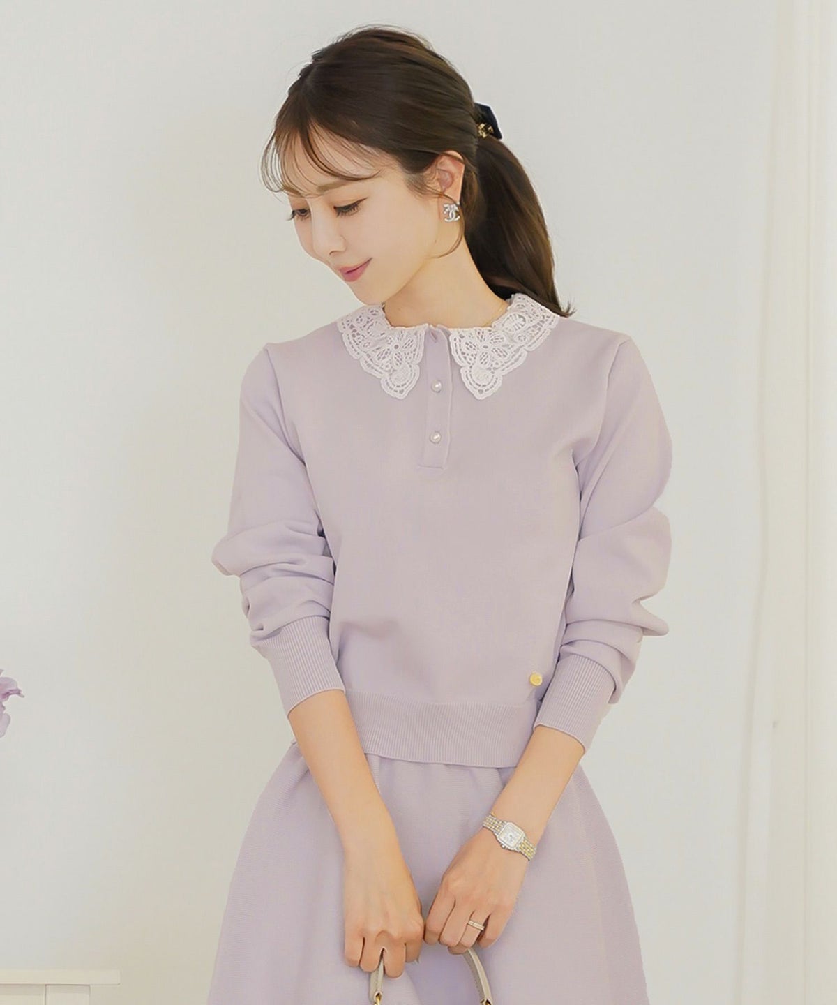 トップス ニット 伸縮 セットアップ 長袖 春 秋 冬 レース 襟 パール アイボリー ラベンダー ネイビー ブラック