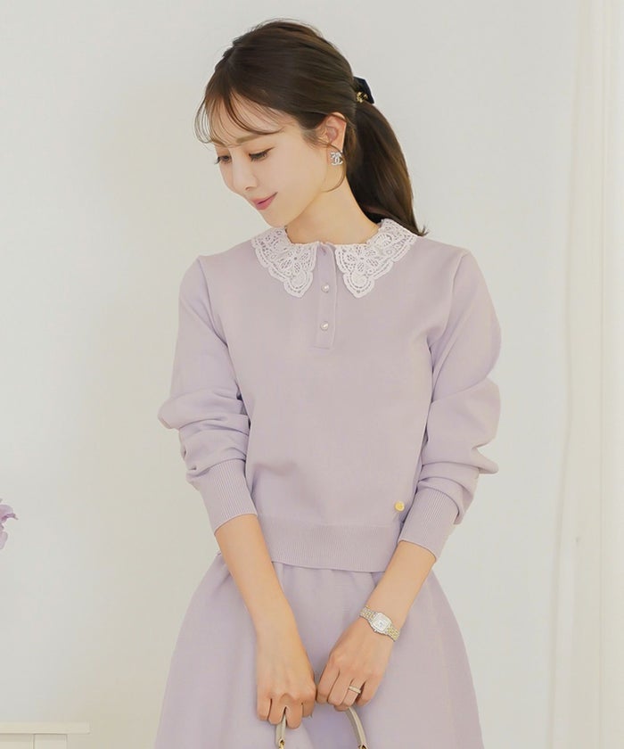 トップス ニット 伸縮 セットアップ 長袖 春 秋 冬 レース 襟 パール アイボリー ラベンダー ネイビー ブラック