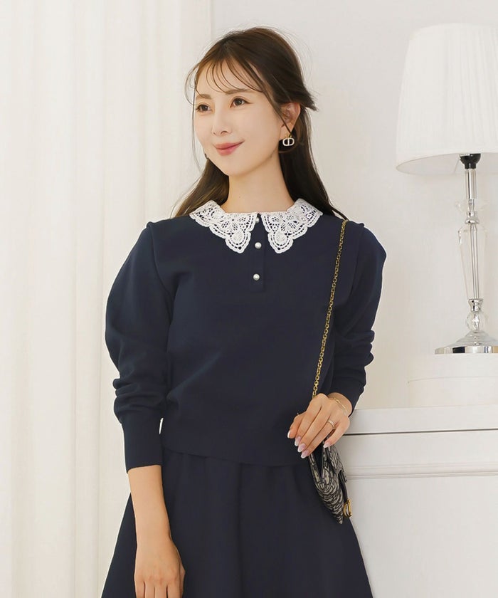 トップス ニット 伸縮 セットアップ 長袖 春 秋 冬 レース 襟 パール アイボリー ラベンダー ネイビー ブラック