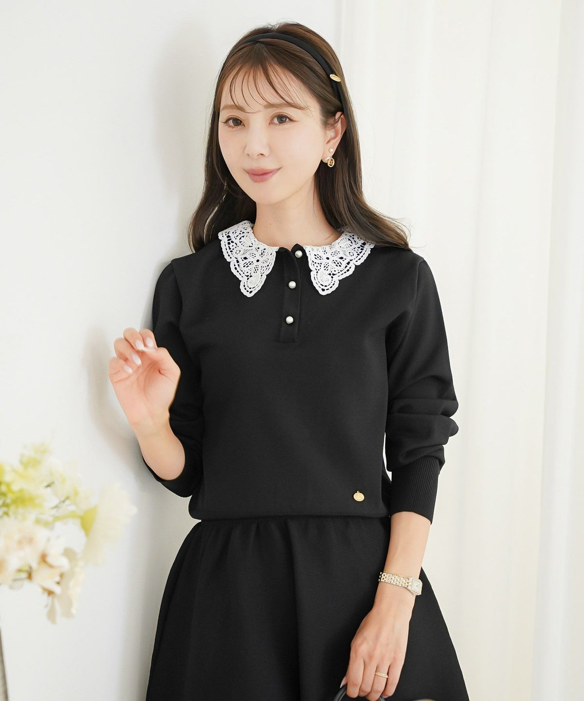 トップス ニット 伸縮 セットアップ 長袖 春 秋 冬 レース 襟 パール アイボリー ラベンダー ネイビー ブラック