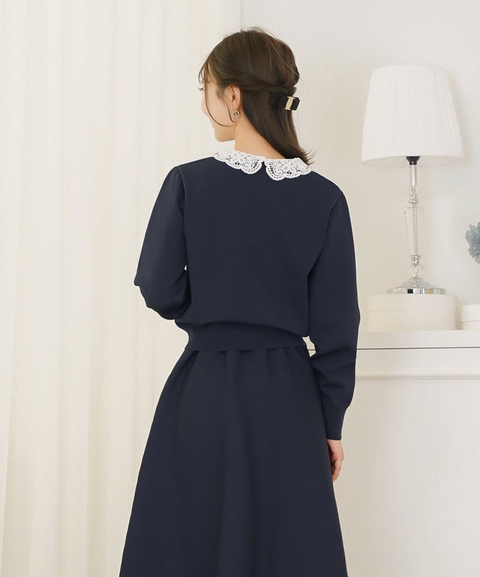 トップス ニット 伸縮 セットアップ 長袖 春 秋 冬 レース 襟 パール アイボリー ラベンダー ネイビー ブラック