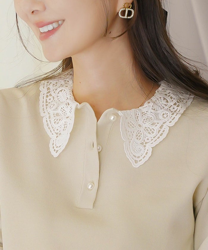 トップス ニット 伸縮 セットアップ 長袖 春 秋 冬 レース 襟 パール アイボリー ラベンダー ネイビー ブラック