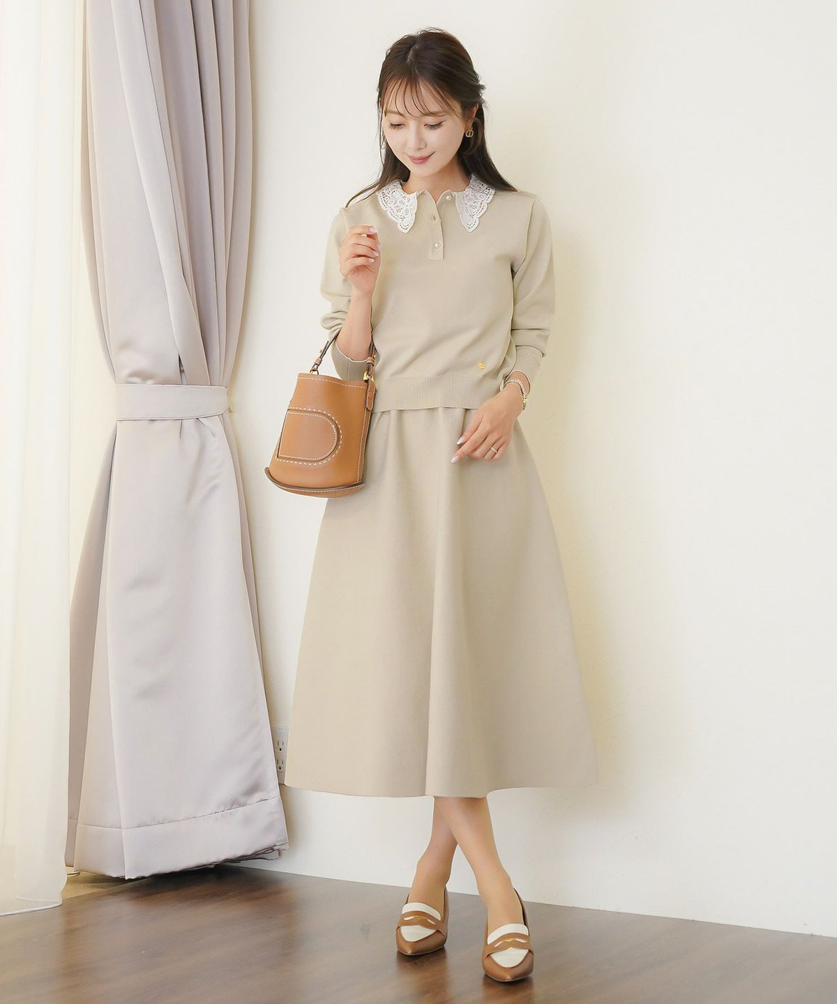 トップス ニット 伸縮 セットアップ 長袖 春 秋 冬 レース 襟 パール アイボリー ラベンダー ネイビー ブラック