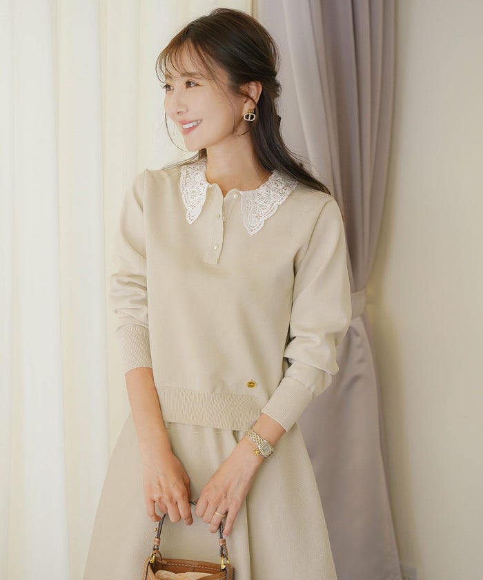 トップス ニット 伸縮 セットアップ 長袖 春 秋 冬 レース 襟 パール アイボリー ラベンダー ネイビー ブラック
