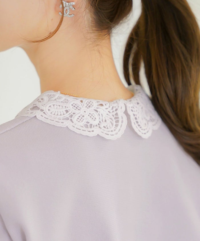 トップス ニット 伸縮 セットアップ 長袖 春 秋 冬 レース 襟 パール アイボリー ラベンダー ネイビー ブラック