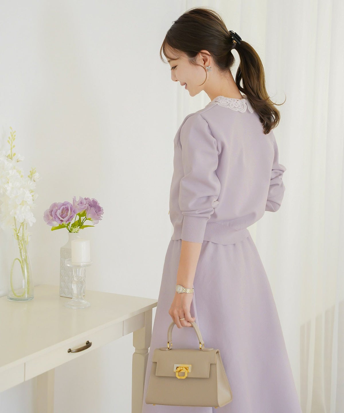 トップス ニット 伸縮 セットアップ 長袖 春 秋 冬 レース 襟 パール アイボリー ラベンダー ネイビー ブラック