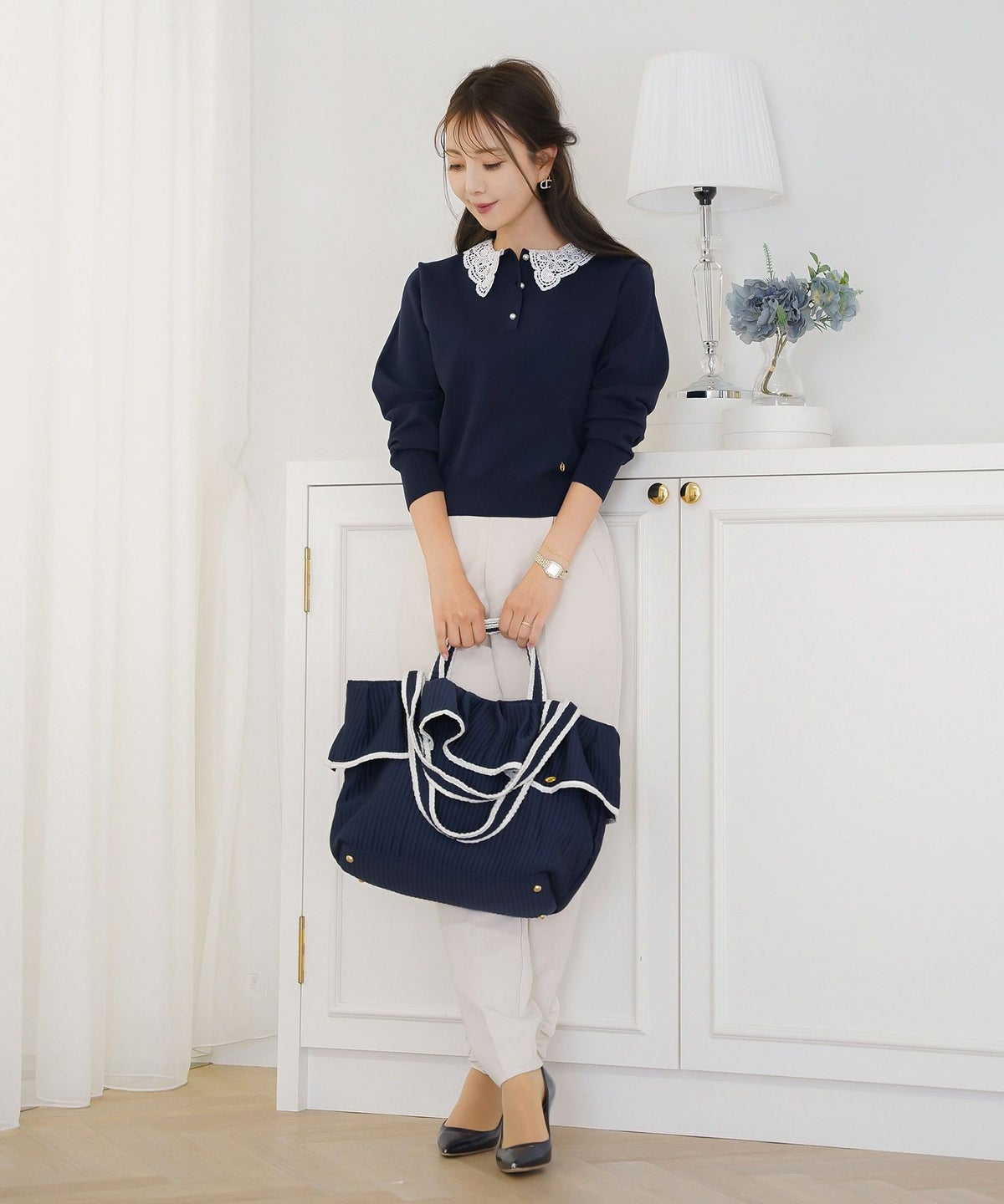 トップス ニット 伸縮 セットアップ 長袖 春 秋 冬 レース 襟 パール アイボリー ラベンダー ネイビー ブラック