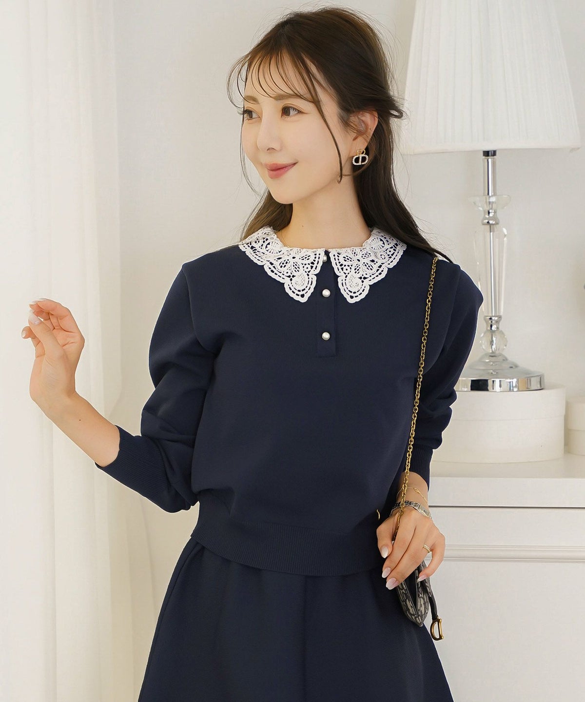 トップス ニット 伸縮 セットアップ 長袖 春 秋 冬 レース 襟 パール アイボリー ラベンダー ネイビー ブラック