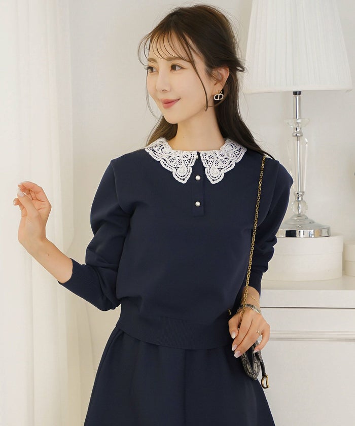 トップス ニット 伸縮 セットアップ 長袖 春 秋 冬 レース 襟 パール アイボリー ラベンダー ネイビー ブラック
