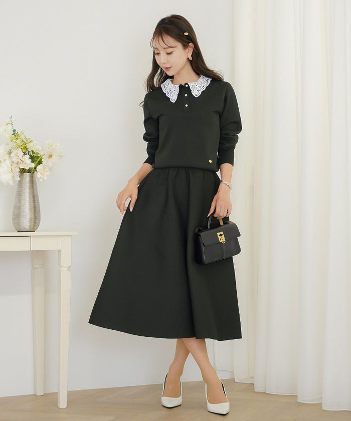 トップス ニット 伸縮 セットアップ 長袖 春 秋 冬 レース 襟 パール アイボリー ラベンダー ネイビー ブラック