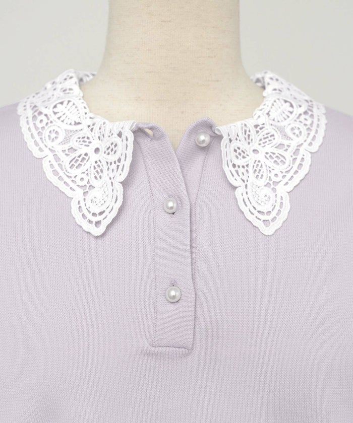 トップス ニット 伸縮 セットアップ 長袖 春 秋 冬 レース 襟 パール アイボリー ラベンダー ネイビー ブラック