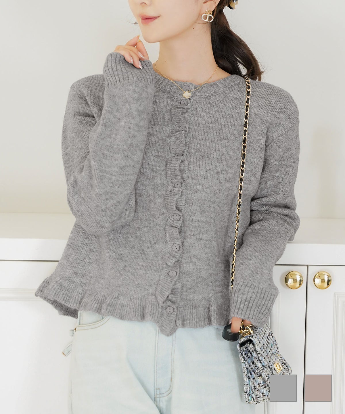 トップス ニット カーディガン フリル ショート丈 コンパクト丈 クルーネック 春 秋 冬 カジュアル フェミニン 可愛い ほっこり ソフト フリル ニット カーディガン le reve vaniller