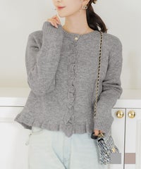 トップス ニット カーディガン フリル ショート丈 コンパクト丈 クルーネック 春 秋 冬 カジュアル フェミニン 可愛い ほっこり ソフト フリル ニット カーディガン le reve vaniller