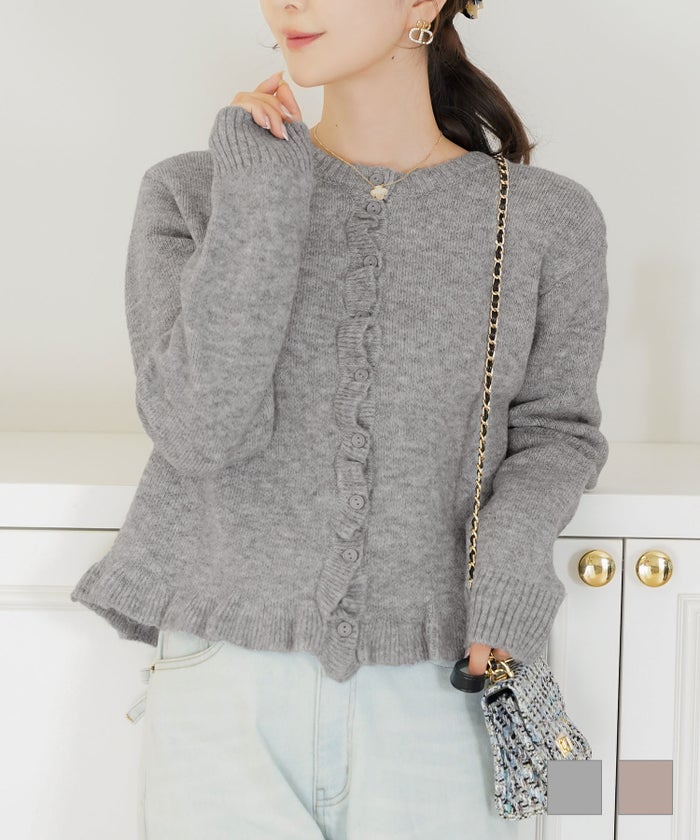 トップス ニット カーディガン フリル ショート丈 コンパクト丈 クルーネック 春 秋 冬 カジュアル フェミニン 可愛い ほっこり ソフト フリル ニット カーディガン le reve vaniller