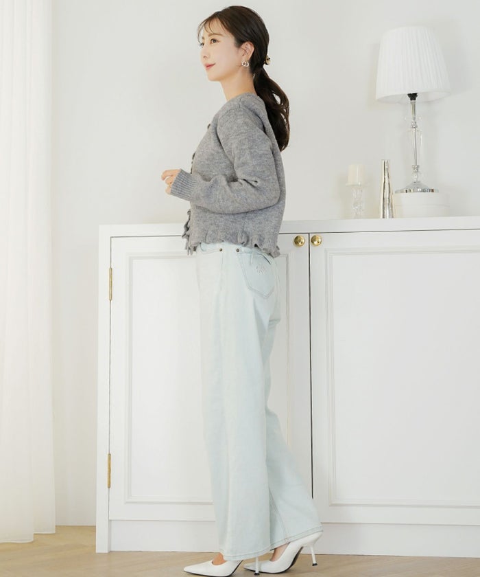 トップス ニット カーディガン フリル ショート丈 コンパクト丈 クルーネック 春 秋 冬 カジュアル フェミニン 可愛い ほっこり