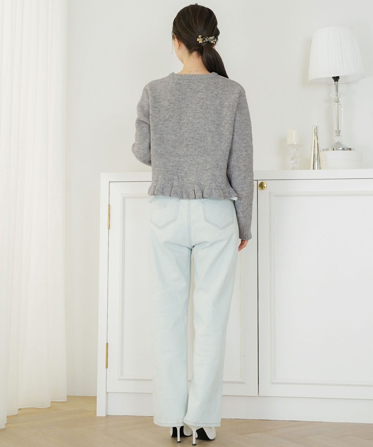 トップス ニット カーディガン フリル ショート丈 コンパクト丈 クルーネック 春 秋 冬 カジュアル フェミニン 可愛い ほっこり