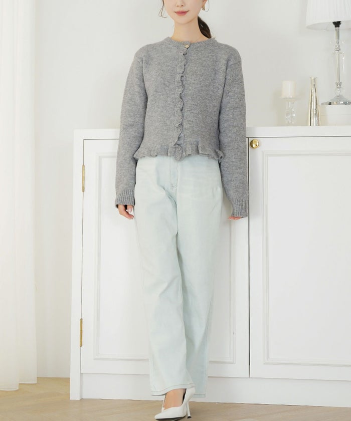 トップス ニット カーディガン フリル ショート丈 コンパクト丈 クルーネック 春 秋 冬 カジュアル フェミニン 可愛い ほっこり