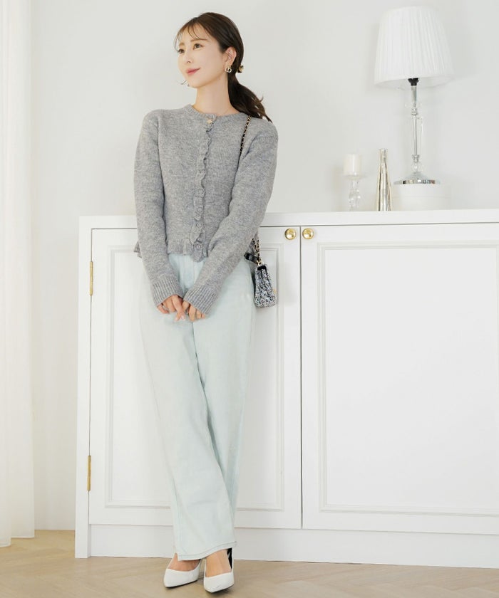 トップス ニット カーディガン フリル ショート丈 コンパクト丈 クルーネック 春 秋 冬 カジュアル フェミニン 可愛い ほっこり