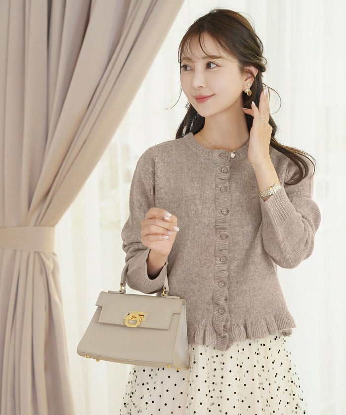 トップス ニット カーディガン フリル ショート丈 コンパクト丈 クルーネック 春 秋 冬 カジュアル フェミニン 可愛い ほっこり