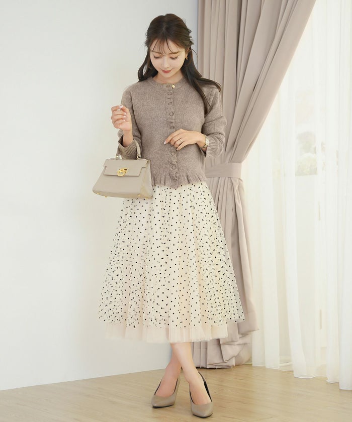 トップス ニット カーディガン フリル ショート丈 コンパクト丈 クルーネック 春 秋 冬 カジュアル フェミニン 可愛い ほっこり