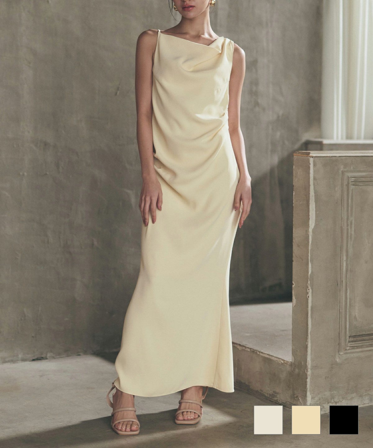 ロングワンピ 前撮り 乾坤式 参列 二次会 パーティ ディナーラウンジ 女性らしい モテワンピ デートコーデ 大人 ディナー あざと可愛い 肌見せ 韓国風 綺麗め 細見え カジュアル スタイル盛れ KINO THE KEI ビーナス ドレープ キャミソール ワンピース KINO THE KEI