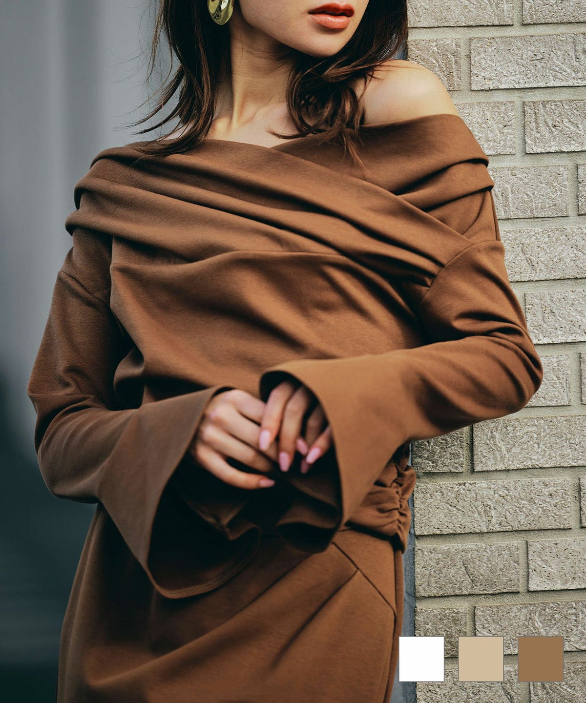 オフショル Vネック モテニット ベルスリーブ カットソー デートコーデ ディナー 大人 あざと可愛い タイトトップス 肌見せ 韓国風 綺麗め 細見え カジュアル KINO THE KEI 2WAY オフショルダー フレアカフス プルオーバー ( セットアップ可 ) KINO THE KEI