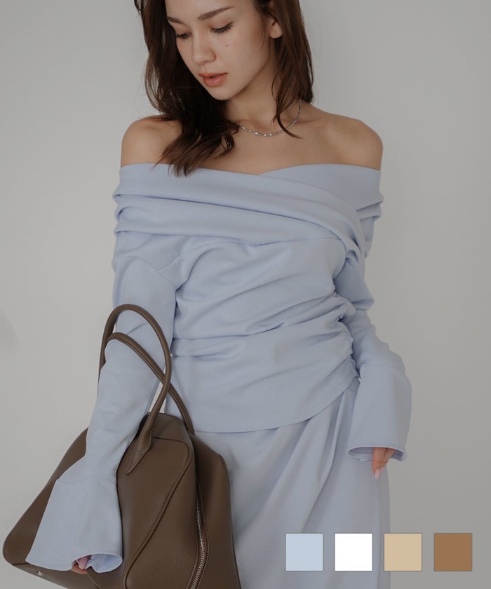 オフショル Vネック モテニット ベルスリーブ カットソー デートコーデ ディナー 大人 あざと可愛い タイトトップス 肌見せ 韓国風 綺麗め 細見え カジュアル KINO THE KEI 2WAY オフショルダー フレアカフス プルオーバー ( セットアップ可 ) KINO THE KEI