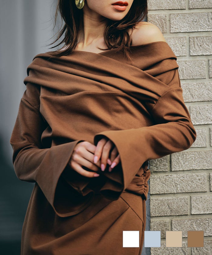 オフショル Vネック モテニット ベルスリーブ カットソー デートコーデ ディナー 大人 あざと可愛い タイトトップス 肌見せ 韓国風 綺麗め 細見え カジュアル KINO THE KEI 2WAY オフショルダー フレアカフス プルオーバー ( セットアップ可 ) KINO THE KEI