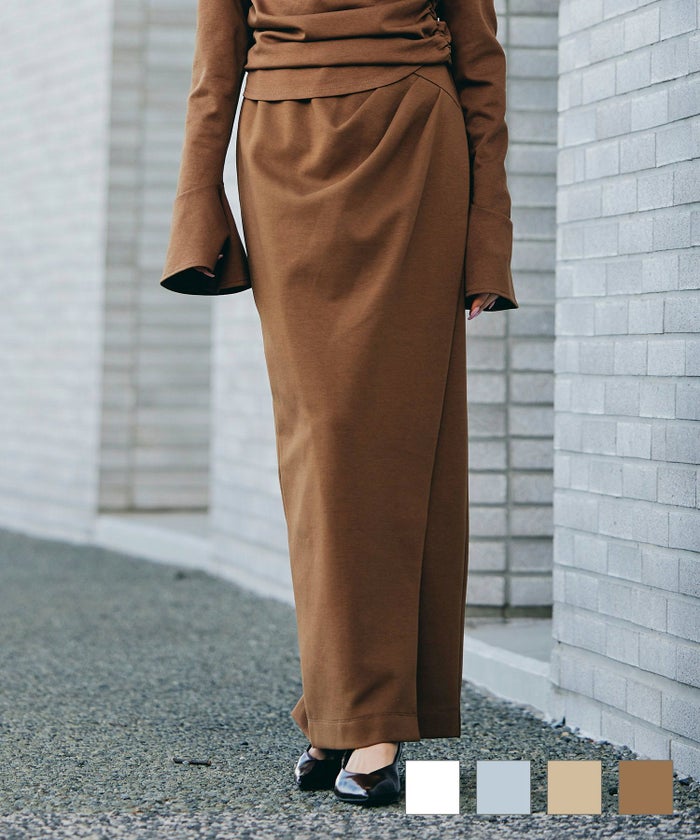 ロングスカート タイトスカート モテニット カットソー デートコーデ ディナー 大人 あざと可愛い 肌見せ 韓国風 綺麗め 細見え カジュアル ウエストカバー お腹周りカバー らくちん KINO THE KEI タックドレープ ラップスカート ( セットアップ可 )  KINO THE KEI