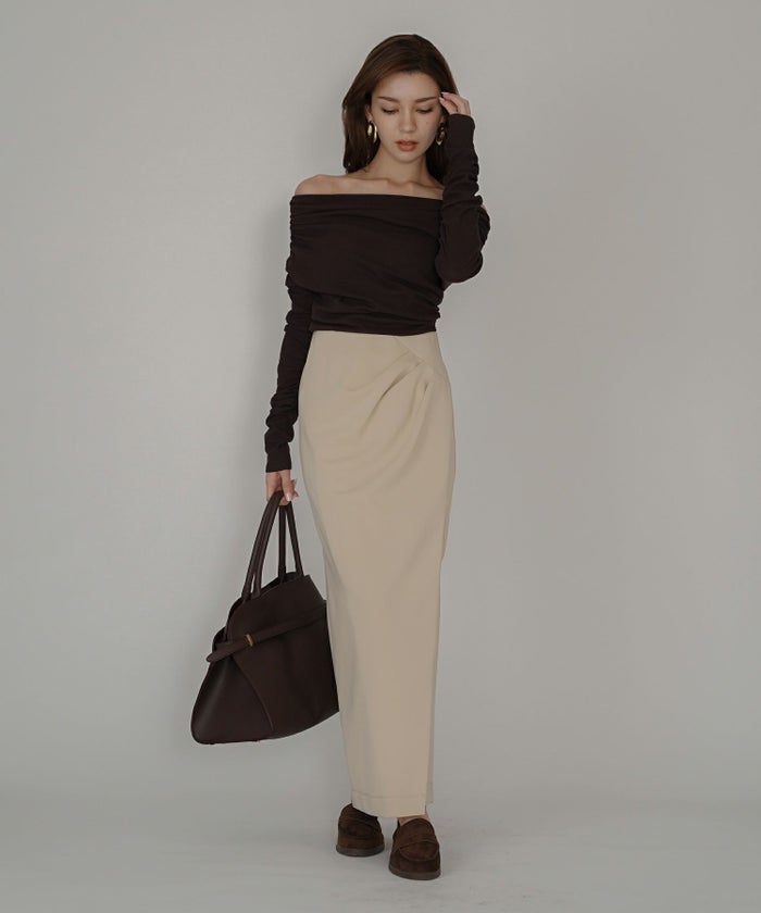 ナロースカート 骨スト ロングスカート タイトスカート モテニット カットソー デートコーデ ディナー 大人 あざと可愛い 肌見せ 韓国風 綺麗め 細見え カジュアル ウエストカバー お腹周りカバー らくちん KINO THE KEI