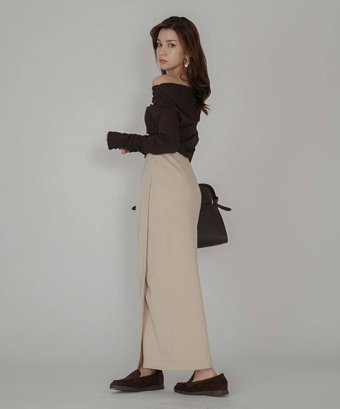 ナロースカート 骨スト ロングスカート タイトスカート モテニット カットソー デートコーデ ディナー 大人 あざと可愛い 肌見せ 韓国風 綺麗め 細見え カジュアル ウエストカバー お腹周りカバー らくちん KINO THE KEI