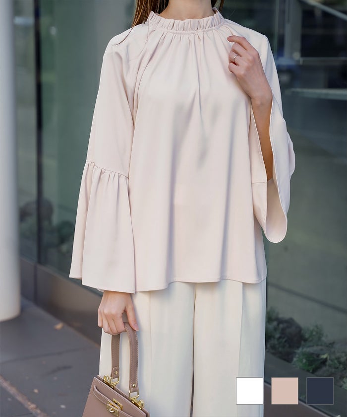 2way フリルネック ベルスリーブ ブラウス フォーマル オケージョン 洗える ホワイト ピンクベージュ ネイビー M 2way フリルネック ベルスリーブ ブラウス HUIT