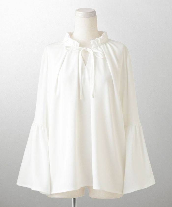 2way フリルネック ベルスリーブ ブラウス フォーマル オケージョン 洗える ホワイト ピンクベージュ ネイビー M