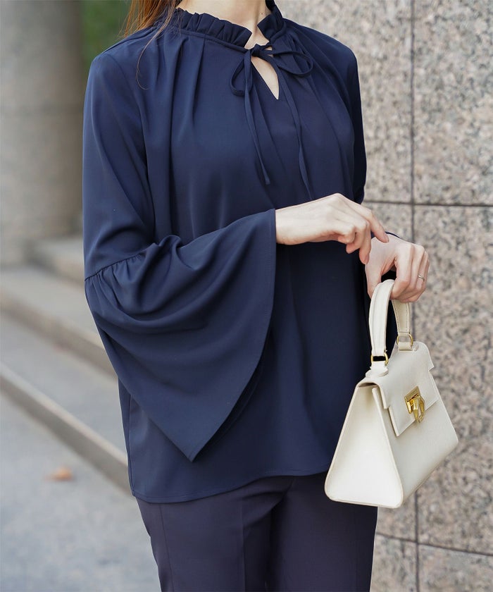 2way フリルネック ベルスリーブ ブラウス フォーマル オケージョン 洗える ホワイト ピンクベージュ ネイビー M