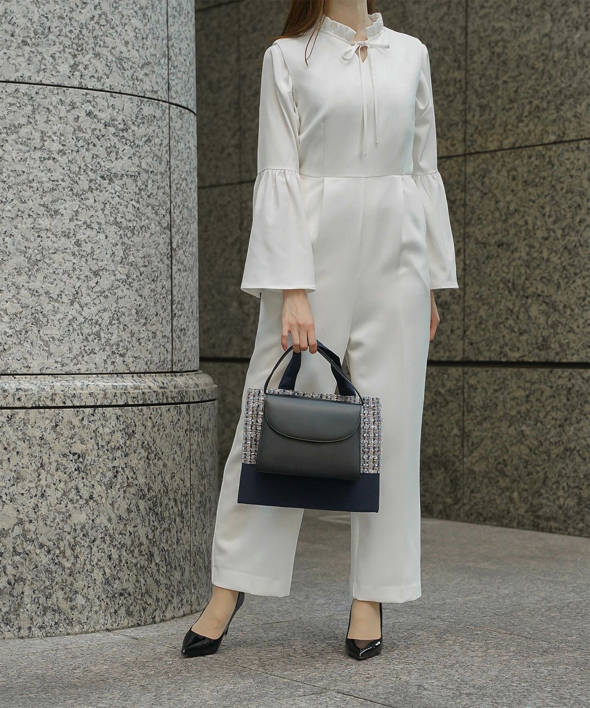 2way フリルネック ベルスリーブ ブラウス フォーマル オケージョン 洗える ホワイト ピンクベージュ ネイビー M