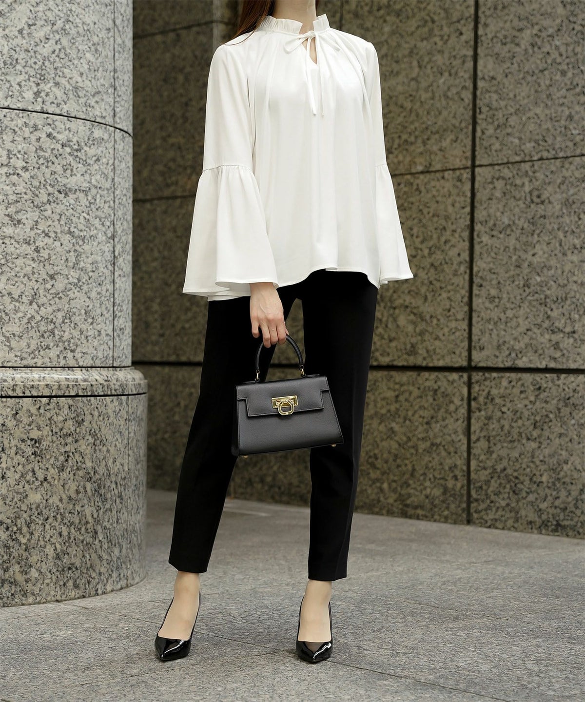 2way フリルネック ベルスリーブ ブラウス フォーマル オケージョン 洗える ホワイト ピンクベージュ ネイビー M